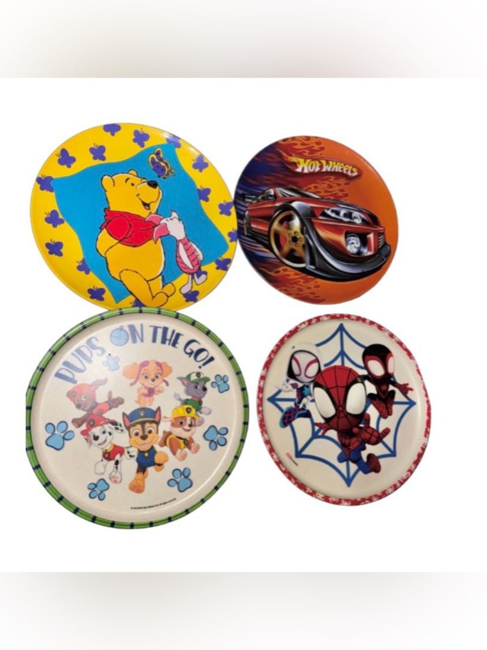Winnie the Pooh, hot wheels, paw patrol, Spiderman melamine plates